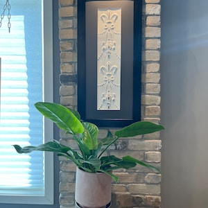 May include: A green houseplant in a pink ceramic pot with a gray saucer sits on a wooden table in front of a brick wall. A framed black and white artwork with a decorative design hangs on the wall.