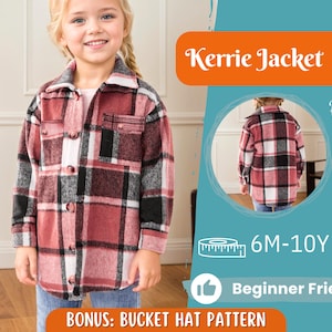 Puede incluir: Una niña lleva una chaqueta Kerrie a cuadros rojos, negros y blancos. La chaqueta tiene cuello y cierre de botones. La imagen incluye el texto "Kerrie Jacket", "Back View", "6M-10Y", "Beginner Friendly" y "Bonus: Bucket Hat Pattern".