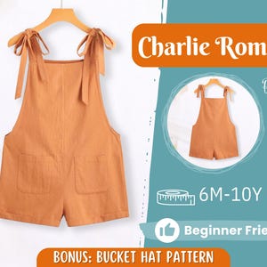 May include: A brown overall romper with adjustable straps and two pockets. The romper is labeled "Charlie Romper" and is available in sizes 6M-10Y. The text "Beginner Friendly" is also included in the image.