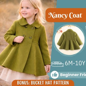 Puede incluir: Una niña lleva un abrigo verde oliva, el "Nancy Coat", con un diseño cruzado y una falda acampanada. El abrigo tiene un cuello redondo. La imagen también incluye una vista trasera del abrigo y el texto "Beginner Friendly".