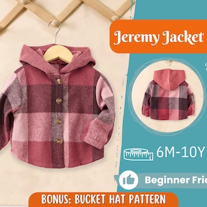 May include: A children's Jeremy Jacket in a pink and burgundy plaid pattern, with a matching hood and wooden buttons. The jacket is displayed on a wooden hanger. The image also includes a back view of the jacket and text that says "Beginner Friendly".