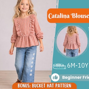 May include: A young girl models a red and white gingham Catalina Blouse with a ruffled neckline and peplum. She wears light blue jeans with daisy embroidery. The image includes text that says "Catalina Blouse" and "Bonus: Bucket Hat Pattern".