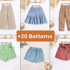 Op de afbeelding: Een verzameling kinderbroeken, waaronder een gestreepte broek, een bloemenrok en shorts in verschillende kleuren. De afbeelding toont verschillende stijlen, zoals wikkelshorts met een strik en shorts met hoge taille met een ceintuur.