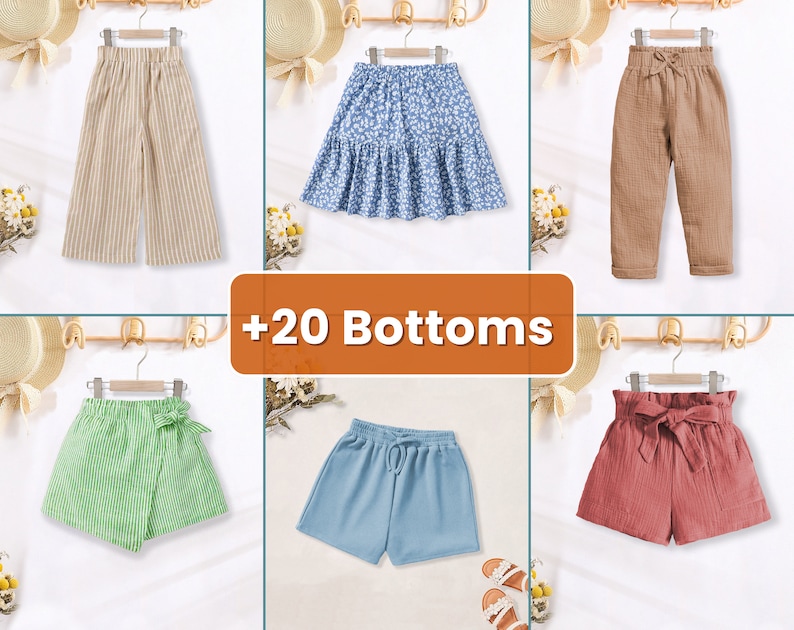 Op de afbeelding: Een verzameling kinderbroeken, waaronder een gestreepte broek, een bloemenrok en shorts in verschillende kleuren. De afbeelding toont verschillende stijlen, zoals wikkelshorts met een strik en shorts met hoge taille met een ceintuur.