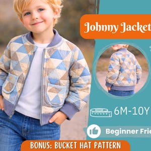 Könnte beinhalten: Gesteppte Bomberjacke mit geometrischem Muster in Blau-, Beige- und Cremetönen. Die Jacke hat einen Reißverschluss, Taschen sowie gerippte Bündchen und Saum. Der Text "Johnny Jacket" ist in Orange dargestellt. Der Text "6M-10Y" und "Beginner Friendly" ist ebenfalls vorhanden.