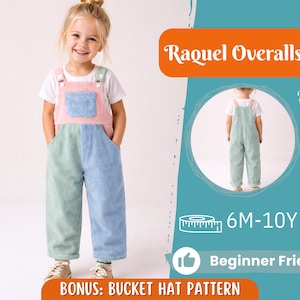 以下が含まれることがあります： 子供用のコーデュロイオーバーオール。 オーバーオールはピンク、ブルー、グリーンのパネルに分かれています。 画像には「Raquel Overalls」、「6M-10Y」、「Beginner Friendly」の文字も含まれています。