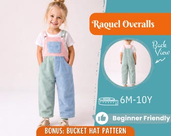 May include: A young child wearing corduroy overalls. The overalls are color-blocked with pink, blue, and green panels. The image also includes the text "Raquel Overalls", "6M-10Y", and "Beginner Friendly".