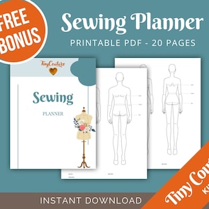 Op de afbeelding: Een naaigids met een bloemmotief op de omslag, met een paspop. De planner bevat modefiguur sjablonen en de tekst "Sewing Planner" en "Printable PDF - 20 Pages". Bevat een "Gratis Bonus" aanbieding en de tekst "Instant Download".
