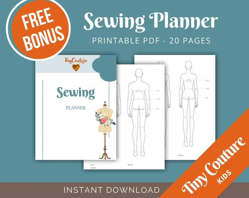 Op de afbeelding: Een naaigids met een bloemmotief op de omslag, met een paspop. De planner bevat modefiguur sjablonen en de tekst "Sewing Planner" en "Printable PDF - 20 Pages". Bevat een "Gratis Bonus" aanbieding en de tekst "Instant Download".