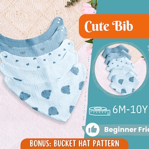 May include: A stack of four blue baby bibs with different patterns, including bears and small shapes. The bibs are made of soft fabric and are beginner-friendly. The image also includes the text "Cute Bib" and "Bonus: Bucket Hat Pattern".