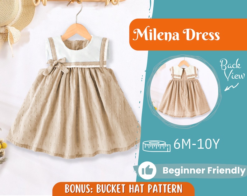 May include: A beige and white Milena dress for children, hanging on a wooden hanger. The dress features a white bodice with beige trim and a bow, and a dotted beige skirt. The image also includes the text "Milena Dress" and "Back View".