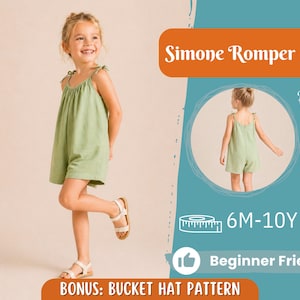 Puede incluir: Una niña pequeña con un mono verde claro con tirantes anudados y sandalias blancas. La imagen incluye el texto "Simone Romper", "Back View", "6M-10Y" y "Beginner Friendly". También se incluye un patrón de sombrero de cubo de bonificación.