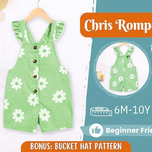 Puede incluir: Un mameluco verde con estampado de margaritas blancas y cierre de botones. El mameluco tiene tirantes y volantes en los hombros. El mameluco es para niños de 6 meses a 10 años. El texto "Chris Romper" y "Beginner Friendly" es visible en la imagen.