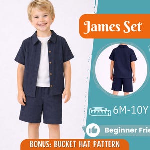 May include: A young child wearing a navy blue short-sleeved shirt and matching shorts. The shirt has a button-down front and is paired with a white t-shirt underneath. The image also includes a smaller image of the outfit from the back and text that says "James Set".