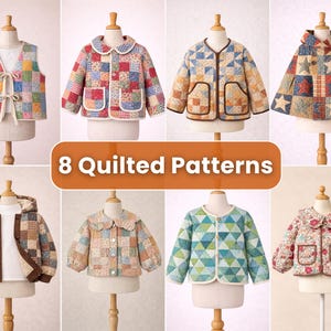 Könnte beinhalten: Acht Steppjackenmuster werden auf Schaufensterpuppen gezeigt. Die Jacken weisen verschiedene Patchwork-Designs in einer Reihe von Farben auf, darunter Rot, Blau und Grün. Der Text "8 Quilted Patterns" befindet sich in der Mitte des Bildes.