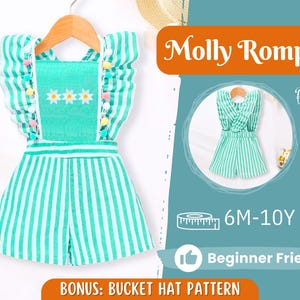 May include: A mint green and white striped romper with frilled sleeves, decorated with colourful pom-poms and embroidered daisies. The romper is displayed on a wooden hanger. Text on the image reads "Molly Romper" and "6M-10Y".