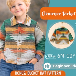 Può includere: Un bambino indossa una giacca fantasia colorata con bottoni. La giacca presenta un design geometrico nei toni del verde, arancione, giallo e grigio. L'immagine include il testo "Clémence Jacket", "Back View", "6M-10Y" e "Beginner Friendly".