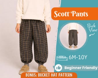 May include: A person wearing plaid trousers with a matching top. The trousers are dark grey and brown with a gathered ankle. The image includes text that says "Scott Pants", "Back View", "6M-10Y", "Beginner Friendly", and "BONUS: BUCKET HAT PATTERN".