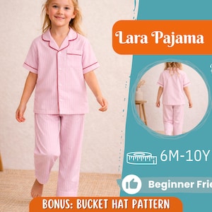 Pode incluir: Uma criança vestindo um pijama rosa listrado com acabamento vermelho. O conjunto inclui uma camisa de manga curta com botões e calças combinando. A imagem também inclui o texto "Lara Pajama", "Back View", "6M-10Y" e "Beginner Friendly".