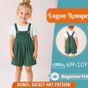 Könnte beinhalten: Ein Kind trägt einen grünen Cord-Strampler mit einem weißen T-Shirt. Der Strampler hat verstellbare Träger und eine plissierte Vorderseite. Der Text "Logan Romper", "Back View", "6M-10Y" und "Beginner Friendly" ist enthalten.
