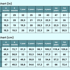 May include: A size chart for children's clothing, displaying measurements in inches (in) and centimeters (cm). The chart includes height, chest, waist, and hip measurements for various age groups, from 6 months to 9-10 years.