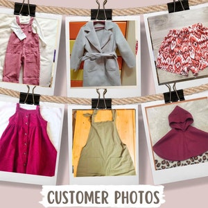 Puede incluir: Una colecci&oacute;n de ropa infantil, que incluye un conjunto de peto de pana rosa, un abrigo gris con cintur&oacute;n, pantalones cortos estampados, un vestido rosa, un delantal verde y una capa con capucha. Los art&iacute;culos se muestran en fotos individuales.