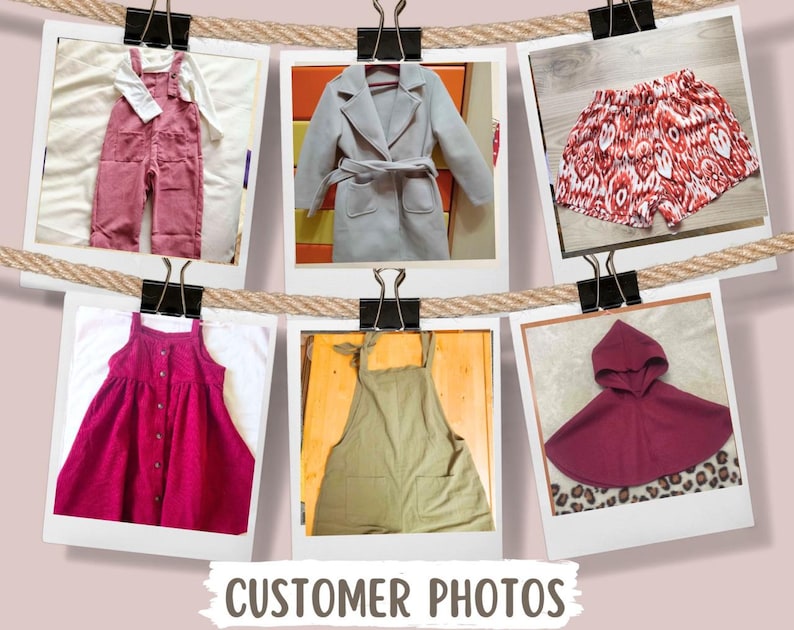 Puede incluir: Una colecci&oacute;n de ropa infantil, que incluye un conjunto de peto de pana rosa, un abrigo gris con cintur&oacute;n, pantalones cortos estampados, un vestido rosa, un delantal verde y una capa con capucha. Los art&iacute;culos se muestran en fotos individuales.