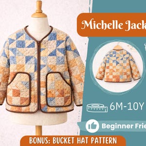 Könnte beinhalten: Gesteppte Jacke mit geometrischem Muster in Blau-, Orange- und Beigetönen. Die Jacke hat eine braune Paspelierung, zwei Vordertaschen und einen Reißverschluss. Der Text "Michelle Jacket" ist oben angezeigt.