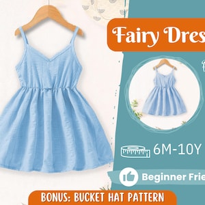 May include: A light blue fairy dress with a gathered waist and straps. The dress is made of a soft, lightweight fabric and is perfect for twirling. The dress is available in sizes 6 months to 10 years. The image also includes the text "Fairy Dress", "Back View", "6M-10Y", and "Beginner Friendly".