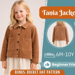 Può includere: Una giacca di velluto a coste marrone per bambina, con due tasche frontali e bottoni. L'immagine mostra il modello "Tania Jacket", adatto per età da 6 mesi a 10 anni. È inclusa anche una vista posteriore della giacca ed è adatta ai principianti.