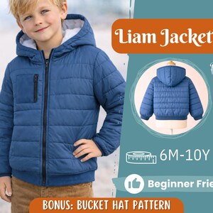 May include: A blue quilted jacket with a hood and a white interior lining. The jacket has a zipper closure and a small pocket on the chest. The image also includes the text "Liam Jacket", "6M-10Y", and "Beginner Friendly".