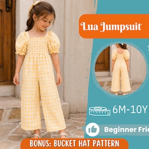 May include: A young girl wearing a yellow and white gingham jumpsuit with short puff sleeves and a square neckline. The jumpsuit has wide legs and a smocked bodice. The image includes text that reads "Lua Jumpsuit", "Back View", "6M-10Y", "Beginner Friendly", and "BONUS: BUCKET HAT PATTERN".