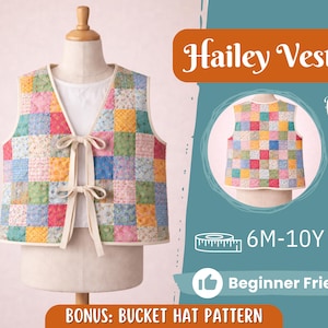 Steppweste Schnittmuster für Kinder, Weste mit Spitzenborte, Kinder-Schnittmuster, PDF-Muster, Anfänger-Muster, Schnittmuster Kleinkind, Steppmuster