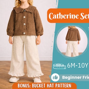 May include: A brown corduroy jacket and cream trousers set for children. The jacket features a rounded collar and three buttons. The trousers are wide-legged with a ruffled hem. The image includes the text "Catherine Set" and "Beginner Friendly".