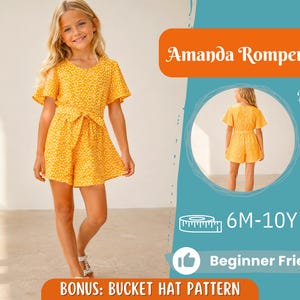 May include: A yellow romper with a white floral pattern, featuring short flutter sleeves, a V-neckline, and a tie-waist detail. The image includes text reading Amanda Romper, Back View, 6M-10Y, Beginner Friendly, and BONUS: BUCKET HAT PATTERN.