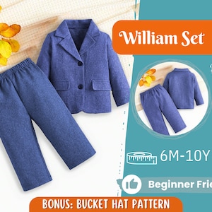 May include: A blue blazer, trousers, and a bucket hat sewing pattern for a boy's outfit. The pattern is called "William Set" and is beginner friendly. The pattern is available in sizes 6 months to 10 years.