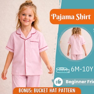 May include: A child in a pink striped pyjama set with red edging. The pyjama top has a front pocket and button fastening. The image includes text: "Pajama Shirt", "Back View", "6M-10Y", "Beginner Friendly", and "BONUS: BUCKET HAT PATTERN".