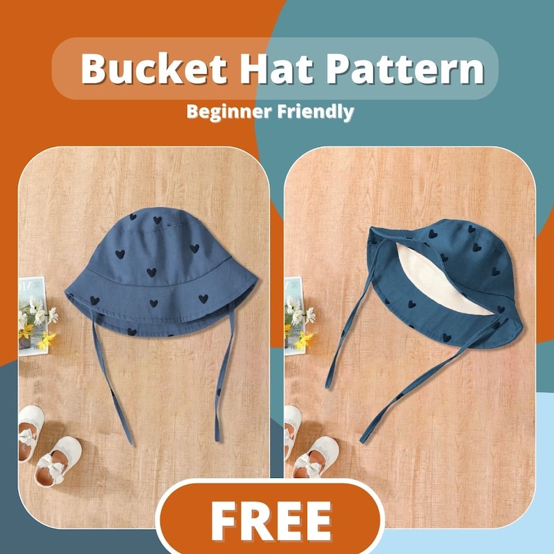 May include: A blue bucket hat pattern with black heart shapes. The text "Bucket Hat Pattern" and "Beginner Friendly" are displayed at the top. The word "FREE" is at the bottom. The hat has ties and is shown from two angles.