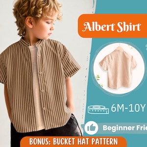 May include: A striped brown and beige button-up shirt with a collar and short sleeves. The shirt is called "Albert Shirt" and is available in sizes 6 months to 10 years. The text "Beginner Friendly" is also included in the image.