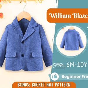 Può includere: Un blazer blu con chiusura a bottoni e due tasche. Il blazer è per bambini e ha il testo "William Blazer" e "6M-10Y" sull'immagine. Il testo "Beginner Friendly" e "BONUS: BUCKET HAT PATTERN" è incluso.