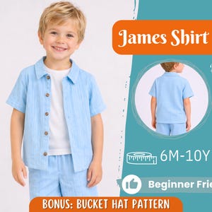 May include: A young child wearing a light blue shirt and shorts set. The shirt has short sleeves and wooden buttons. The image also shows a back view of the shirt and shorts. Text on the image says "James Shirt", "6M-10Y", and "Beginner Friendly".
