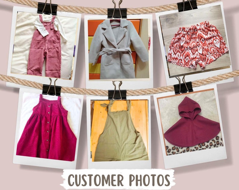 Puede incluir: Una colecci&oacute;n de fotos de clientes que muestran diferentes prendas de vestir, incluyendo un mono de pana rojo, un abrigo gris, unos pantalones cortos con estampado rojo y blanco, un vestido rojo, un delantal verde y una capa con capucha roja.