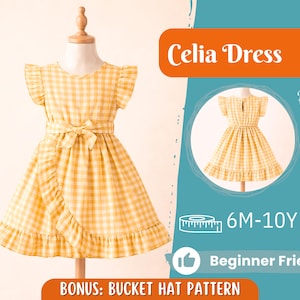 Puede incluir: Patrón de vestido Celia a cuadros amarillos y blancos sobre un maniquí. El vestido presenta una falda cruzada, mangas con volantes y un cinturón a juego. La imagen incluye el texto "Celia Dress", "Back View", "6M-10Y" y "Beginner Friendly".