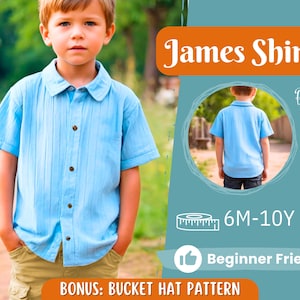 May include: A light blue button-down shirt for children with a striped pattern. The shirt has short sleeves and a collar. The shirt is labelled "James Shirt" and is for sizes 6 months to 10 years. The image also shows a back view of the shirt and a note that the pattern is beginner friendly.