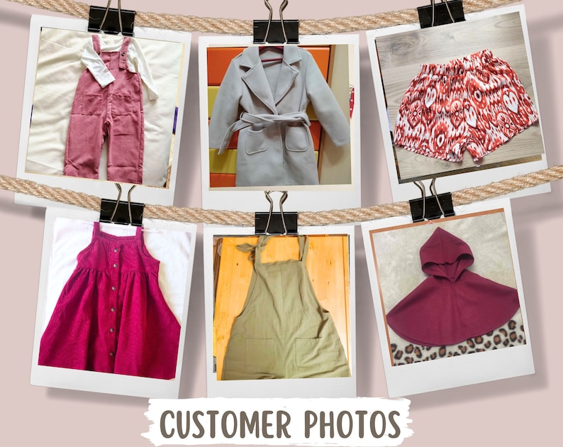 Op de afbeelding: Een verzameling kinderkledingstukken die op een waslijn worden getoond. De items omvatten een roze corduroy overall set, een lichtgrijze jas met een riem, rood-wit gestreepte shorts, een magenta jurk, een groene schort en een bordeauxrode capuchoncape.