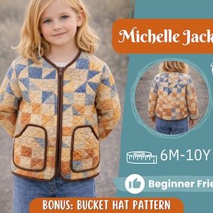 Op de afbeelding: Een gewatteerde jas voor kinderen met een geometrisch patroon in blauw, oranje en bruin. De jas heeft een ritssluiting, bruine bies en twee voorzakken. De tekst "Michelle Jacket" staat bovenaan. De jas is ontworpen voor maten van 6 maanden tot 10 jaar.