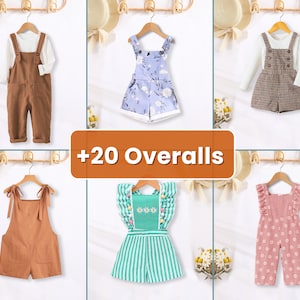 Op de afbeelding: Een verzameling kinderoveralls in diverse stijlen en kleuren. De afbeelding toont bruine corduroy overalls, blauwe bloemenprint korte overalls, bruin-wit geruite korte overalls, perzik korte overalls, groen gestreepte overalls en roze bloemenprint overalls.