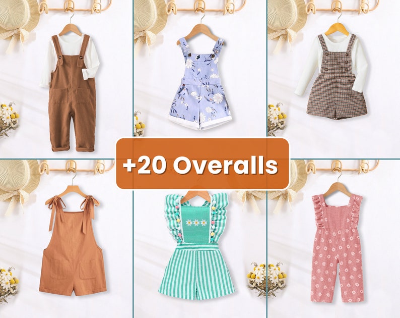 Op de afbeelding: Een verzameling kinderoveralls in diverse stijlen en kleuren. De afbeelding toont bruine corduroy overalls, blauwe bloemenprint korte overalls, bruin-wit geruite korte overalls, perzik korte overalls, groen gestreepte overalls en roze bloemenprint overalls.