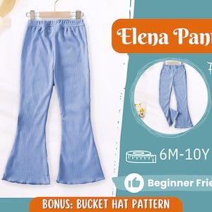 May include: A blue pair of flared pants with a ribbed texture. The pants are for children and are labeled "Elena Pants" and "6M-10Y". The image also includes the text "Front View" and "Beginner Friendly".