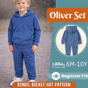 May include: A child in a blue hoodie and joggers set. The image shows the text "Oliver Set", "Back View", "6M-10Y", and "Beginner Friendly". The image also includes the text "BONUS: BUCKET HAT PATTERN".